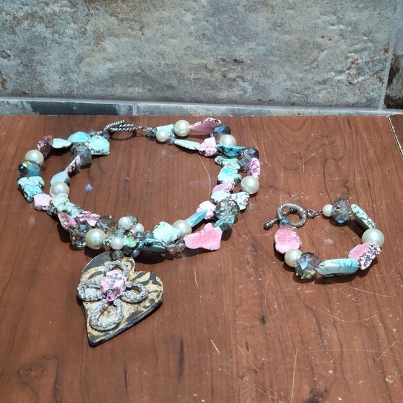 Double Strand Necklace Bracelet Set Double Mixed Pink Turquoise Stone Beads Cros - Picture 11 of 15